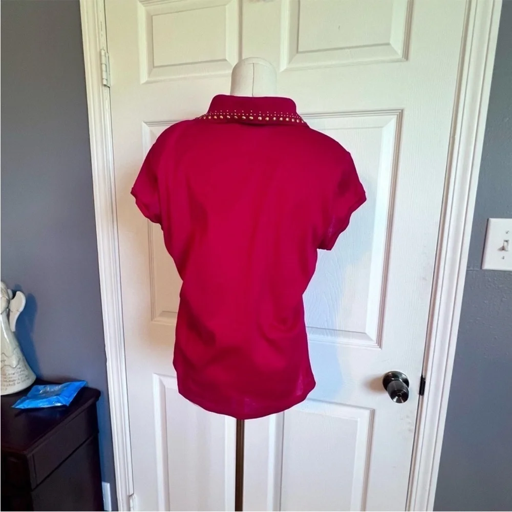 ST. JOHN VTG Red Studded Collar Button Front Polo Shirt 100% Cotton Women's‎ L - Picture 4 of 9